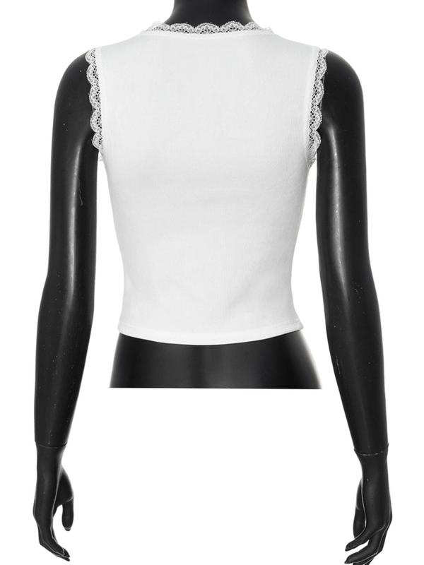 Women's Cherry & Letter Print Contrast Lace Tank Top, Cute U Neck Scallop Trim Sleeveless Top for Fall, Women's Clothing for Daily Wear, Fall Outfits, Fallfreshness