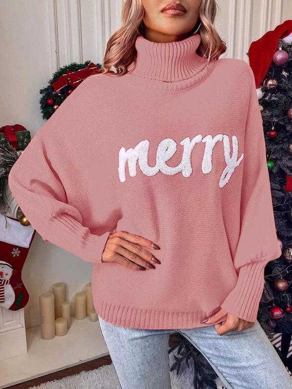 Women's Letter Pattern Batwing Sleeve Turtleneck Sweater, Comfort Going Out Tops, Casual Long Sleeve Jumper for Fall & Winter, Women's Knitwear for Daily Wear