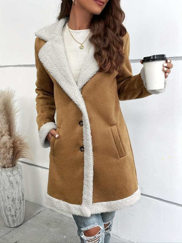 Women's Solid Color Lapel Collar Faux Fur Coat, Casual Long Sleeve Pocket Design Fuzzy Coat for Fall & Winter, Women's Clothing for Daily Wear