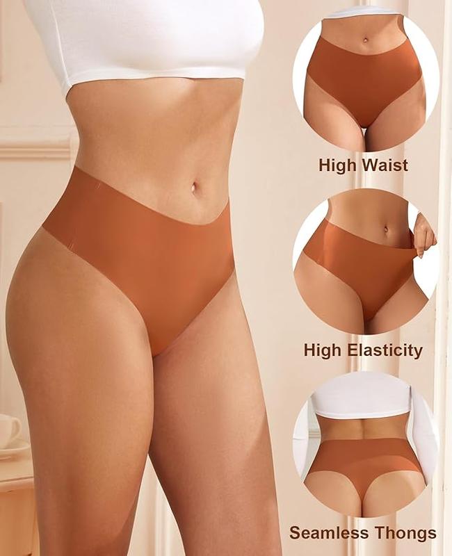 High-Waisted Seamless Thongs for Women - Pack of 6 - Cotton, Comfort Nylon Panties