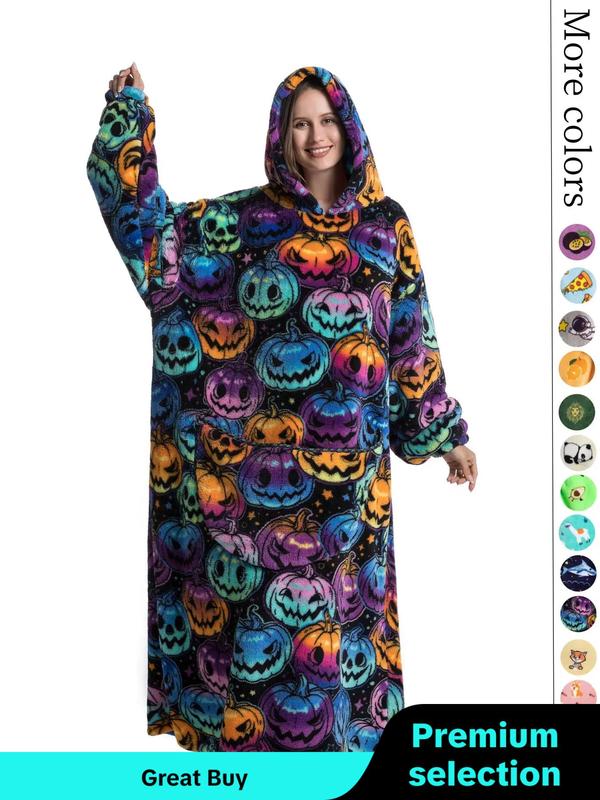 Women's All Over Cartoon Print Pocket Plush Hooded Loungewear, Casual Warm Drop Shoulder Long Sleeve Halloween Sleepwear for Fall & Winter, Stylish Loungewear Women, Halloween Pajamas, Sleepwear for Women