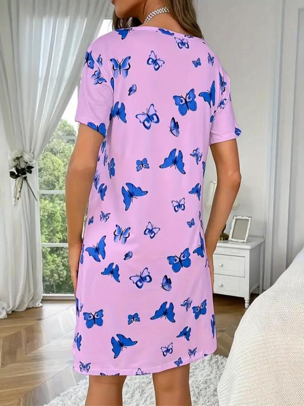 Women's Butterfly Print Round Neck Tee Dress, Casual Short Sleeve Crew Neck Nightgown for All Seasons, Fashion Ladies' Sleepwear for Daily Wear