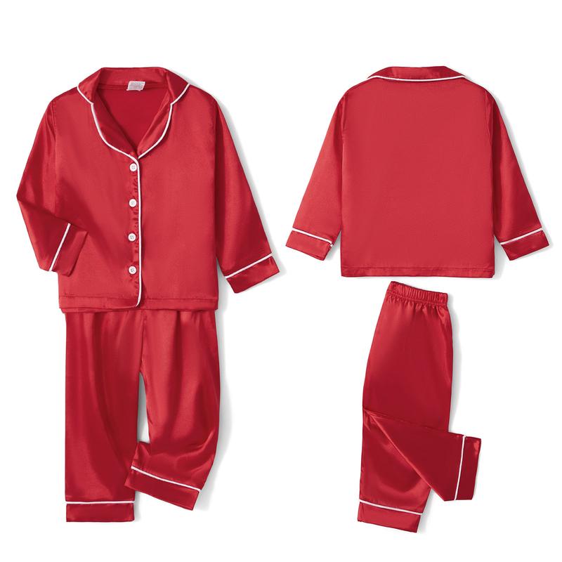 Family Matching Christmas Pajama Set, Solid Color Long Sleeve Button Down Tops Elastic Waist Pants for Fall Winter