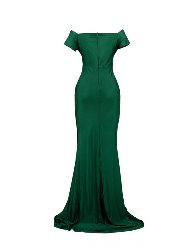 Women's Off The Shoulder Ruched Split Thigh Wrap Bodycon Dress, Elegant Green Evening Party Gown, Ladies Summer Clothes