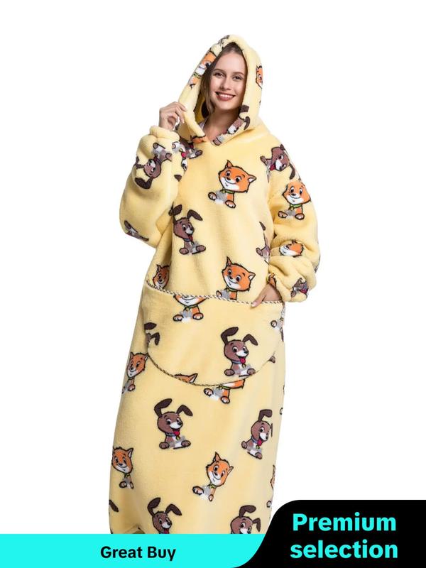 Women's All Over Cartoon Print Pocket Plush Hooded Loungewear, Casual Warm Drop Shoulder Long Sleeve Halloween Sleepwear for Fall & Winter, Stylish Loungewear Women, Halloween Pajamas, Sleepwear for Women