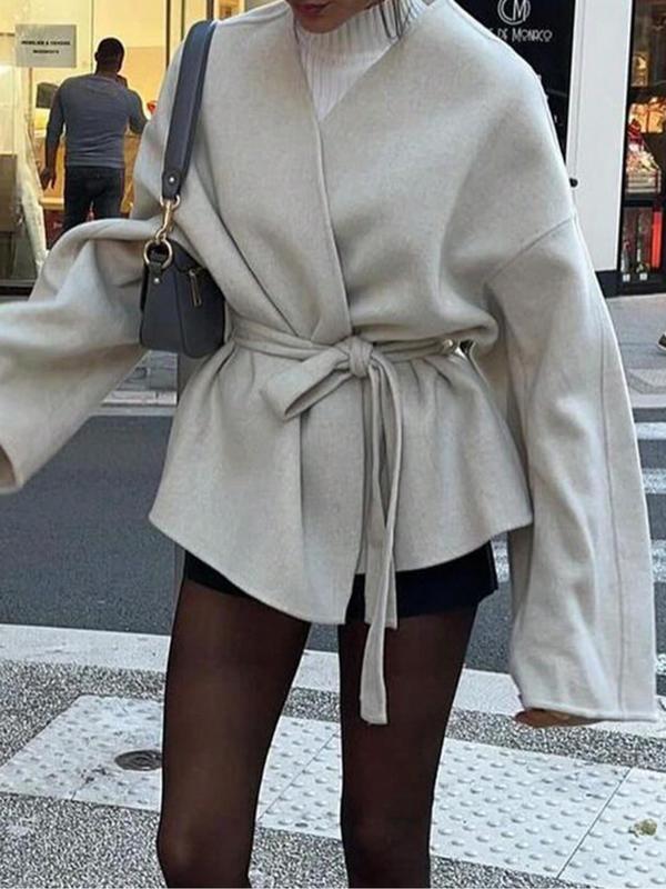 Women's Solid Belted Drop Shoulder Woolen Coat, Casual Long Sleeve V Neck Outerwear for Fall & Winter, Women's Clothing for Daily Wear