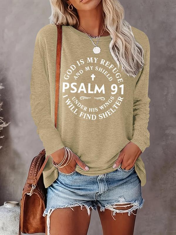 Women's Letter Print Round Neck Tee, Casual Long Sleeve Crew Neck T-shirt for Fall & Winter, Women's Top for Daily Wear