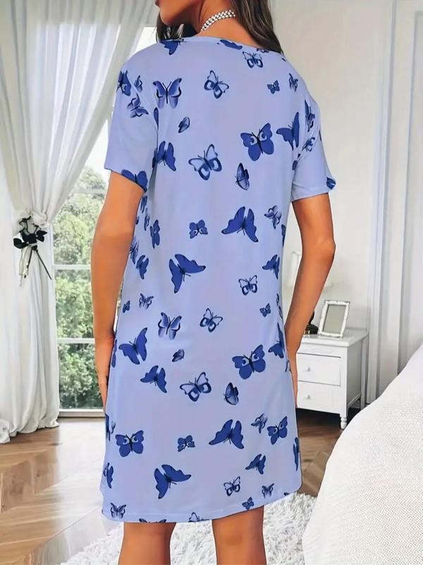 Women's Butterfly Print Round Neck Tee Dress, Casual Short Sleeve Crew Neck Nightgown for All Seasons, Fashion Ladies' Sleepwear for Daily Wear