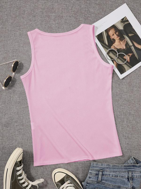 Women's Letter Print Round Neck Tank Top, Casual Sleeveless Ribbed Top for Summer, Fashion Women's Top for Daily Wear