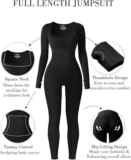 Women Yoga Jumpsuits Workout Ribbed Long Sleeve Sport Jumpsuits Long Sleeve Unitard Casual Yoga Rompers High Waisted One Piece Workout Bodycon