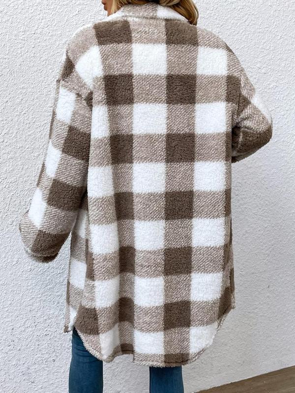 Women's Plaid Print Button Front Drop Shoulder Plush Coat, Casual Long Sleeve Collared Outerwear for Fall & Winter, Ladies Clothes for Daily Wear