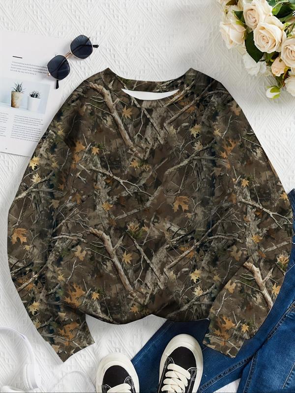 Women's Camo Print Drop Shoulder Pullover, Casual Long Sleeve Round Neck Sweatshirt for Spring & Fall, Women's Clothes for Daily Wear