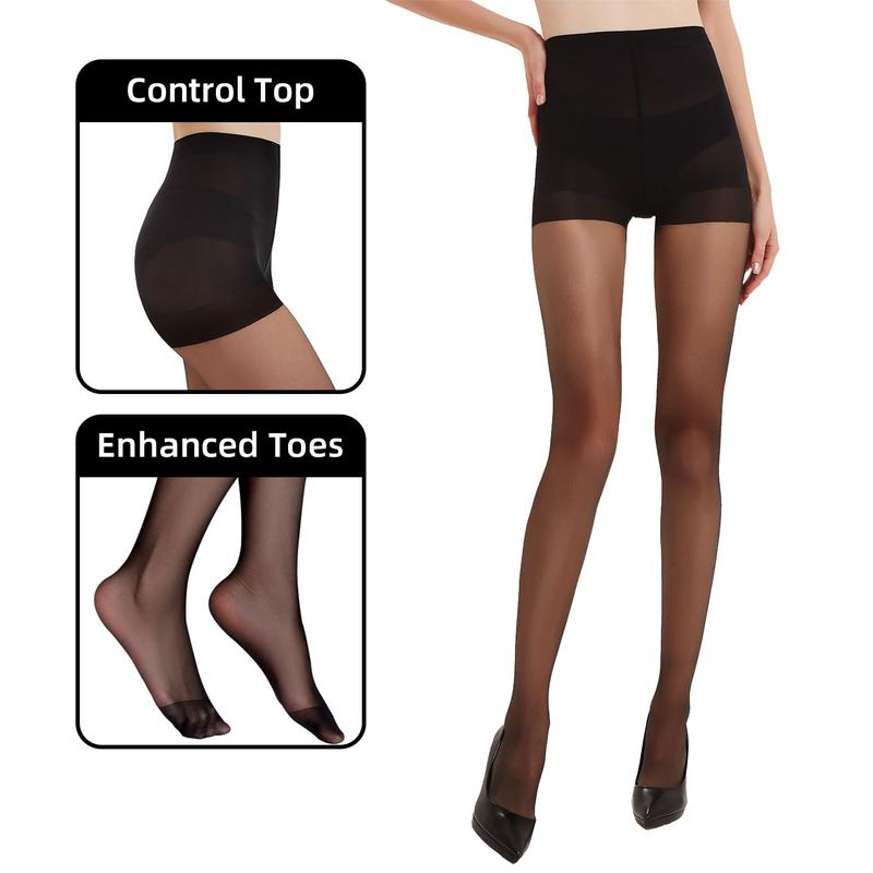 3 Pairs Black Sheer Tights for Women - 20D Not Rip Control Top Pantyhose with Reinforced Toes - Resist Tears