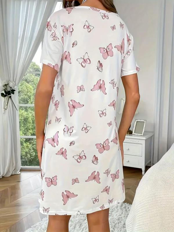 Women's Butterfly Print Round Neck Tee Dress, Casual Short Sleeve Crew Neck Nightgown for All Seasons, Fashion Ladies' Sleepwear for Daily Wear