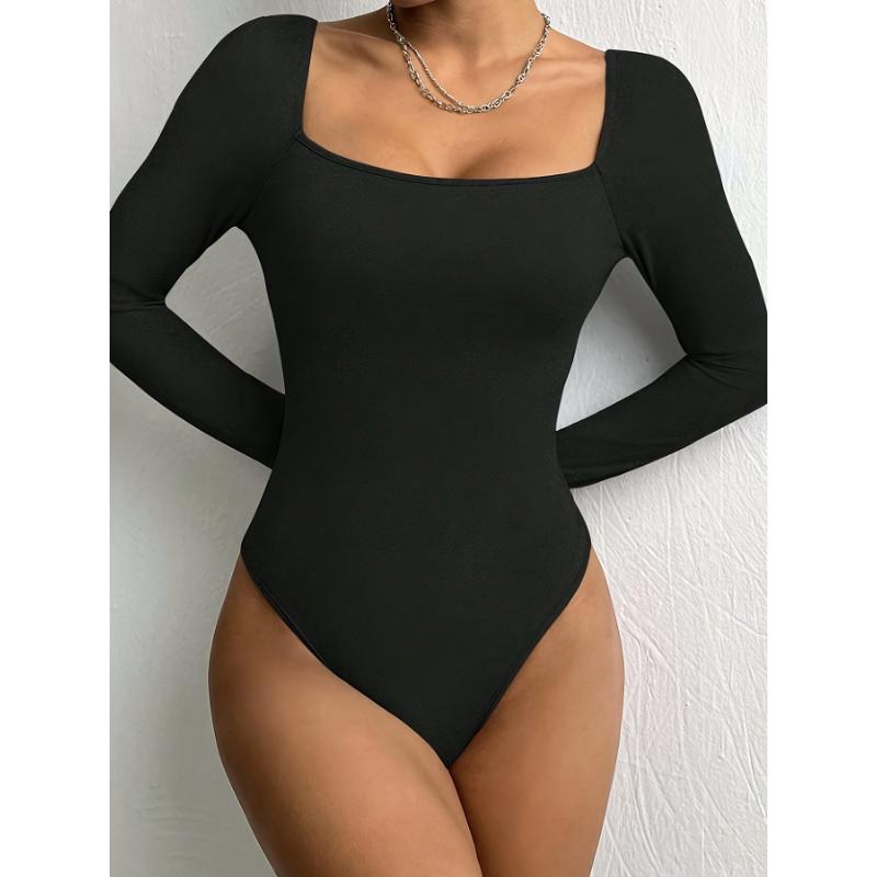 Square Neck Solid Color Bodysuit, Versatile Long Sleeve One-piece Bodysuit, Women's Clothing