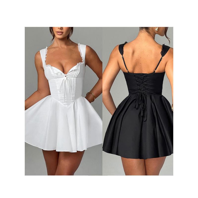 Women's Mini Corset Dress A-Line Deep V Neck Backless Ruffle Hem Sleeveless Dress for Party Club Formal Lady