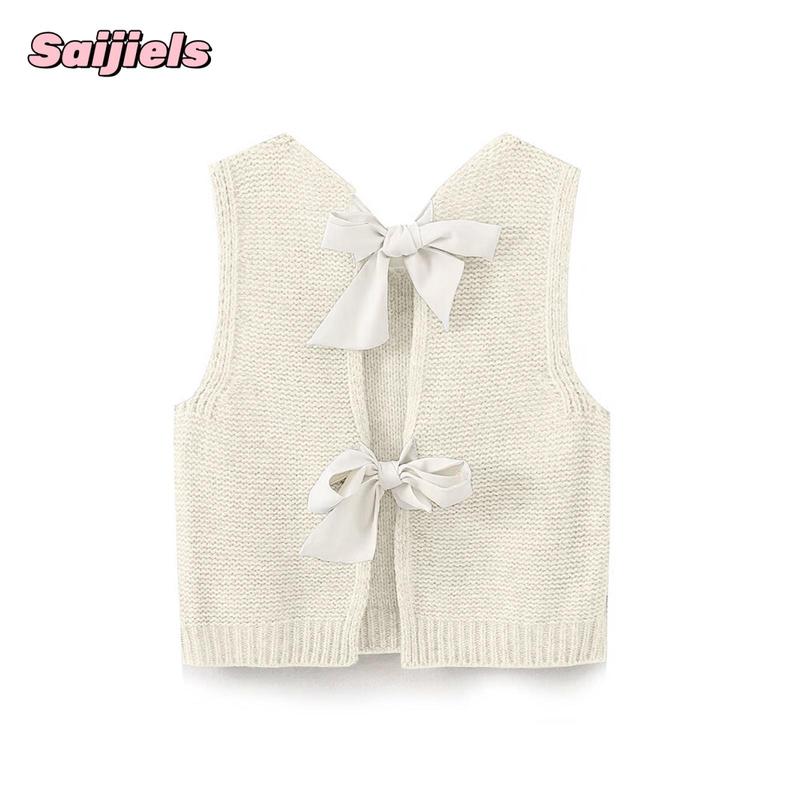 Women's Fall Knit Waistcoat Bow Tie Back Sweater VestFit Tank Tops Streetwear Cotton Womenswear Lady Comfort