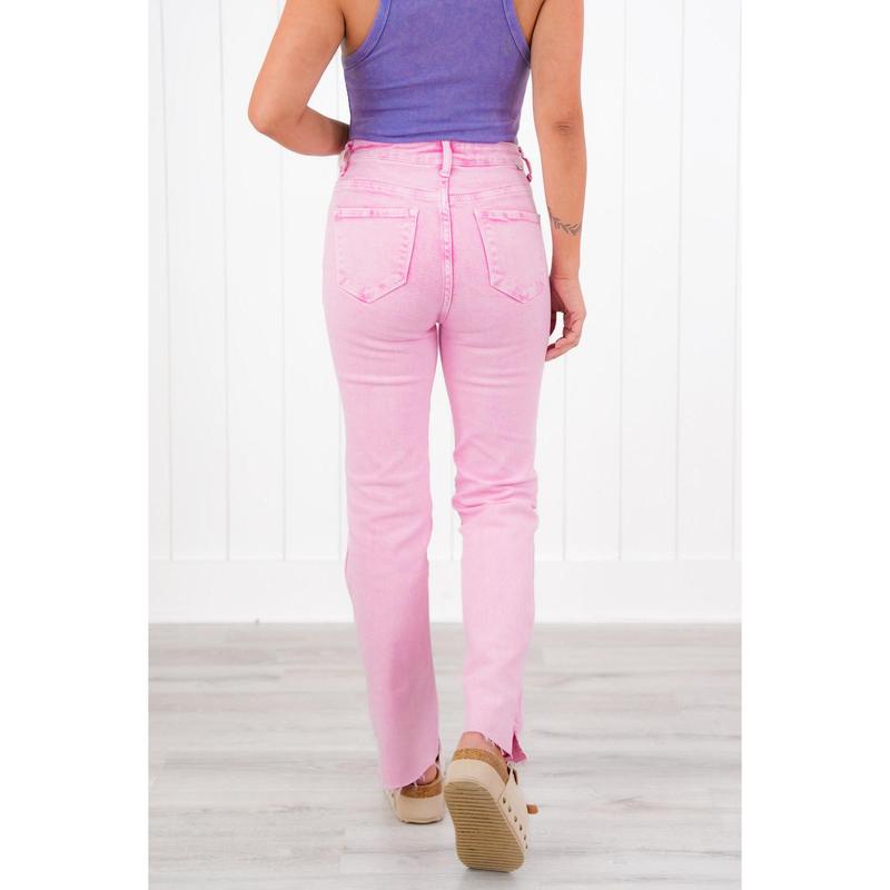 Risen Shake it Off High Rise Acid Wash Pink Tummy Control Raw Hem Straight Leg Jeans With Side Slit