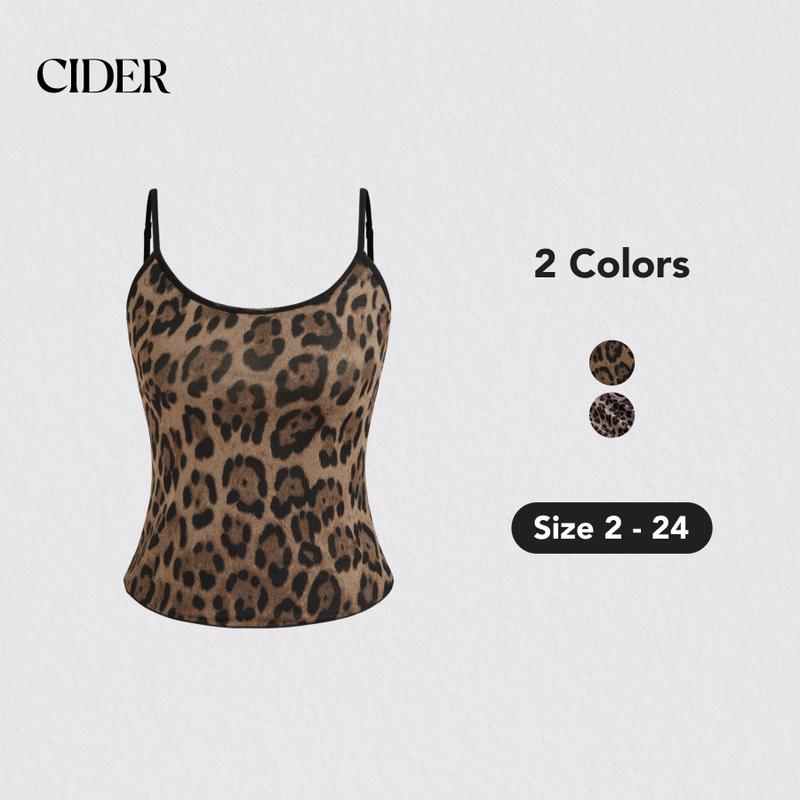 Cider [2 colors, size 2-24] Mesh U-neckline Leopard Cami Top, High Stretch Cami Top, Animal Pattern Rave Outfit Women's Cami Top for Party & Music Festival