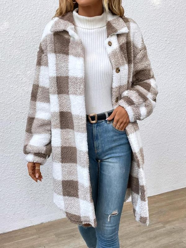 Women's Plaid Print Button Front Drop Shoulder Plush Coat, Casual Long Sleeve Collared Outerwear for Fall & Winter, Ladies Clothes for Daily Wear