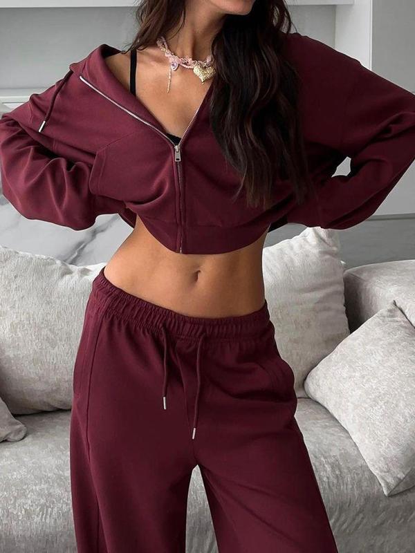 Women's Solid Zip Up Crop Hoodie & Drawstring Waist Wide Leg Pants Two-piece Set, Casual Fashion Drop Shoulder Long Sleeve Top & Pocket Trousers for Daily Outdoor Wear, Winter 2 Piece Sets, Women's Clothing for Spring & Fall