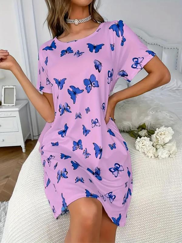 Women's Butterfly Print Round Neck Tee Dress, Casual Short Sleeve Crew Neck Nightgown for All Seasons, Fashion Ladies' Sleepwear for Daily Wear