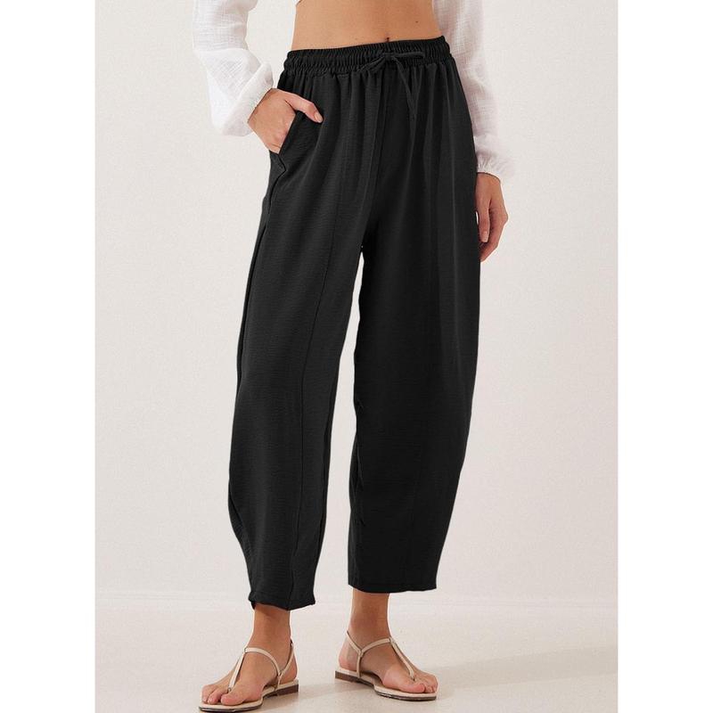 EVALESS Women's Summer High Waisted Baggy Pants Casual Ankle Length Trouser Slacks with Pockets