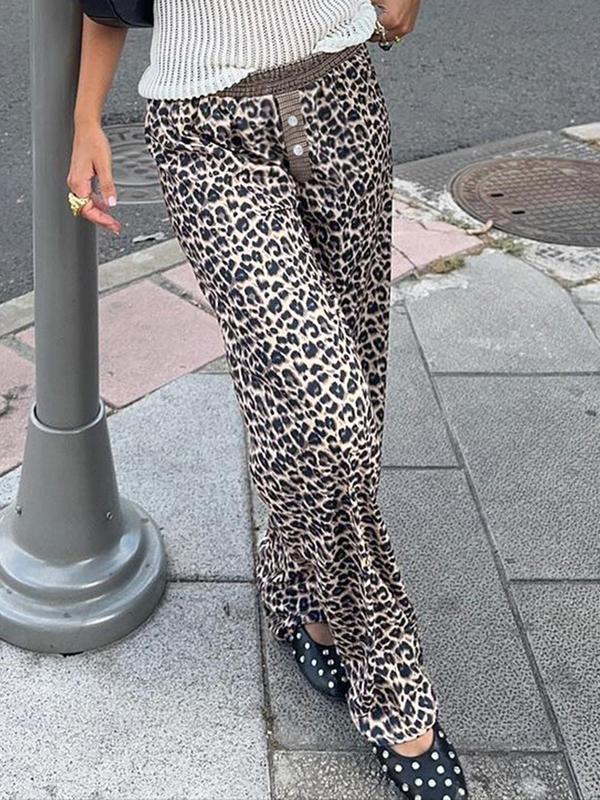 Women's Leopard Patchwork Print Buttons Elastic Waist Pants, Casual Comfy Straight Leg Trousers for Women for Daily Wear, Ladies Bottoms for All Seasons