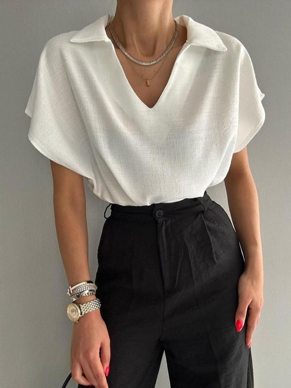 Women's Plain Batwing Sleeve Blouse, Casual Short Sleeve Collar Top, Ladies Clothes for Daily Wear, Summer Outfits 2024