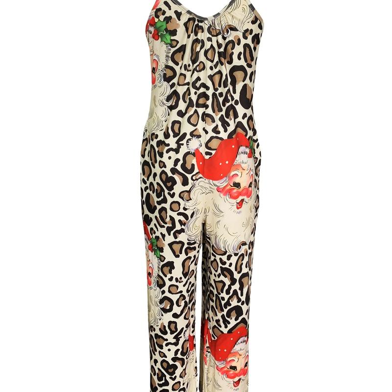 Santa Claus Print Wide Leg Jumpsuit, Casual Spaghetti Strap Pocket Backless Leopard Jumpsuit, Women's Clothing