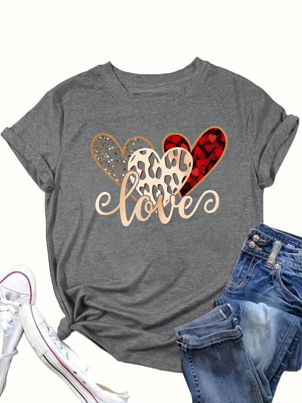  Heart & Letter Print Round Neck Tee, Casual Short Sleeve Crew Neck T-shirt for Daily Wear, Women Clothing for All Seasons