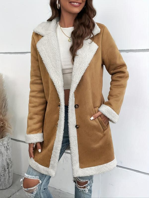 Women's Solid Color Lapel Collar Faux Fur Coat, Casual Long Sleeve Pocket Design Fuzzy Coat for Fall & Winter, Women's Clothing for Daily Wear