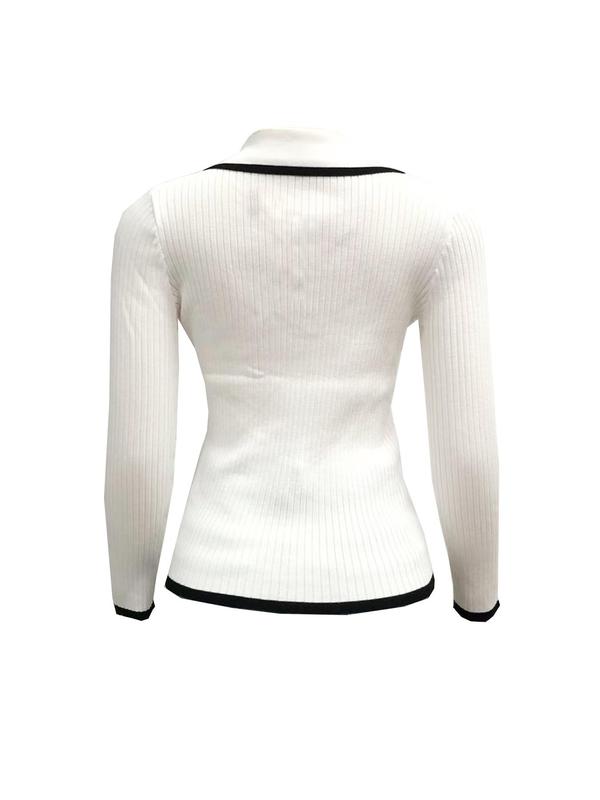 Women's Contrast Trim Half Button Polo Sweater, Casual Long Sleeve Collared Jumper for Fall & Winter, Fashion Ladies' Knitwear for Daily Wear