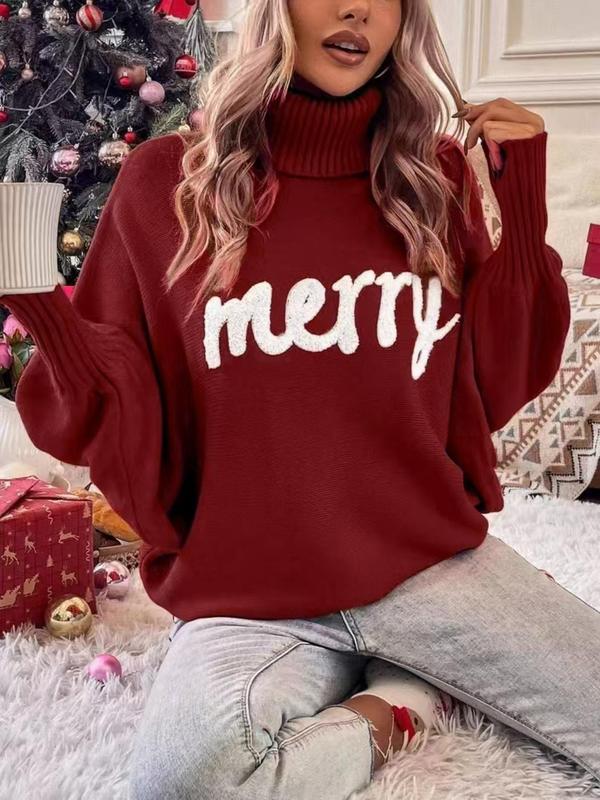 Women's Letter Pattern Batwing Sleeve Turtleneck Sweater, Comfort Going Out Tops, Casual Long Sleeve Jumper for Fall & Winter, Women's Knitwear for Daily Wear