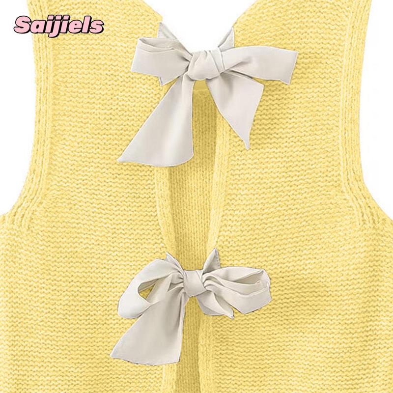 Women's Fall Knit Waistcoat Bow Tie Back Sweater VestFit Tank Tops Streetwear Cotton Womenswear Lady Comfort