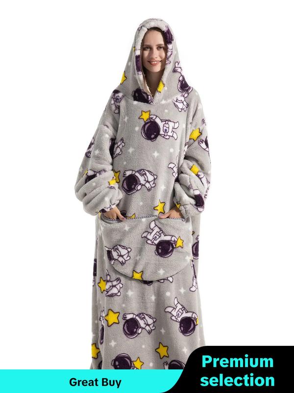 Women's All Over Cartoon Print Pocket Plush Hooded Loungewear, Casual Warm Drop Shoulder Long Sleeve Halloween Sleepwear for Fall & Winter, Stylish Loungewear Women, Halloween Pajamas, Sleepwear for Women