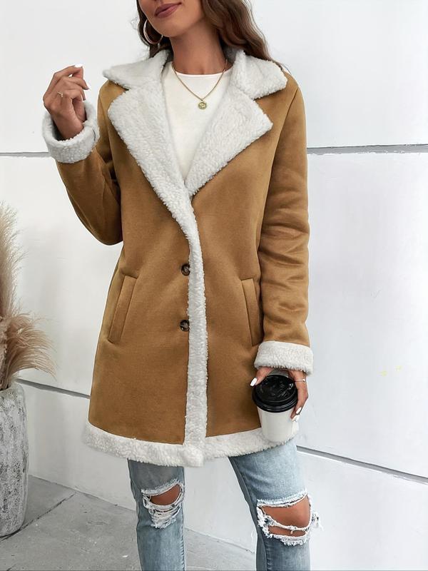 Women's Solid Color Lapel Collar Faux Fur Coat, Casual Long Sleeve Pocket Design Fuzzy Coat for Fall & Winter, Women's Clothing for Daily Wear