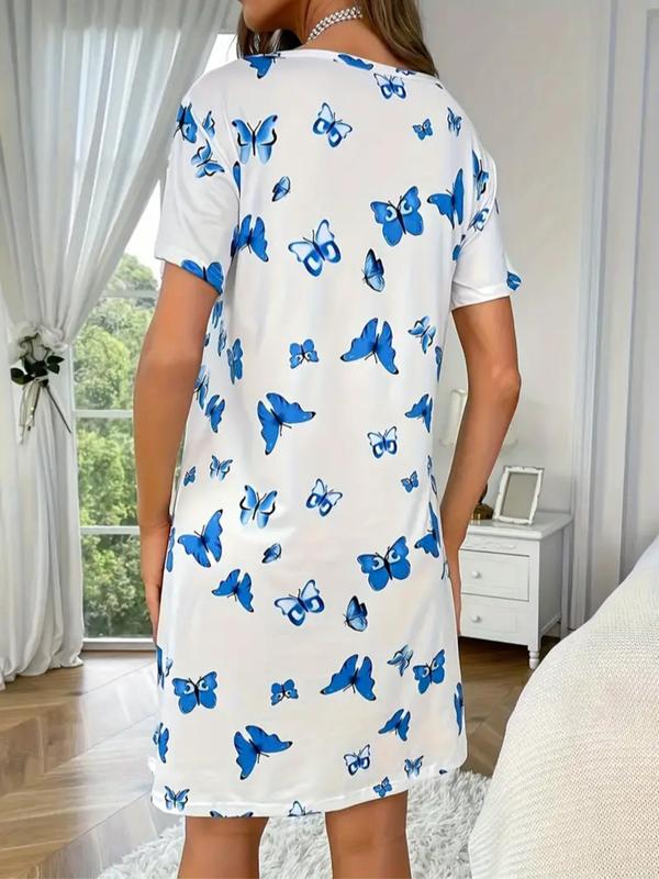 Women's Butterfly Print Round Neck Tee Dress, Casual Short Sleeve Crew Neck Nightgown for All Seasons, Fashion Ladies' Sleepwear for Daily Wear