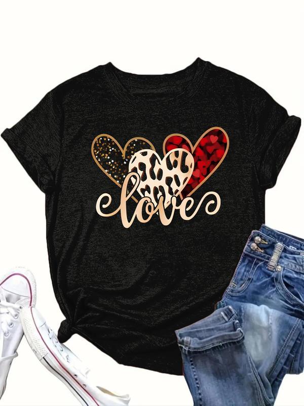  Heart & Letter Print Round Neck Tee, Casual Short Sleeve Crew Neck T-shirt for Daily Wear, Women Clothing for All Seasons