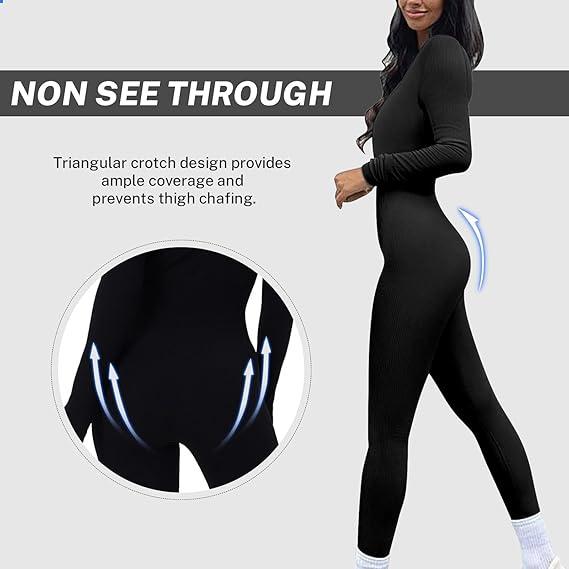 Women Yoga Jumpsuits Workout Ribbed Long Sleeve Sport Jumpsuits Long Sleeve Unitard Casual Yoga Rompers High Waisted One Piece Workout Bodycon