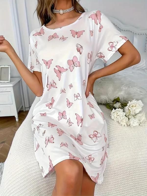 Women's Butterfly Print Round Neck Tee Dress, Casual Short Sleeve Crew Neck Nightgown for All Seasons, Fashion Ladies' Sleepwear for Daily Wear