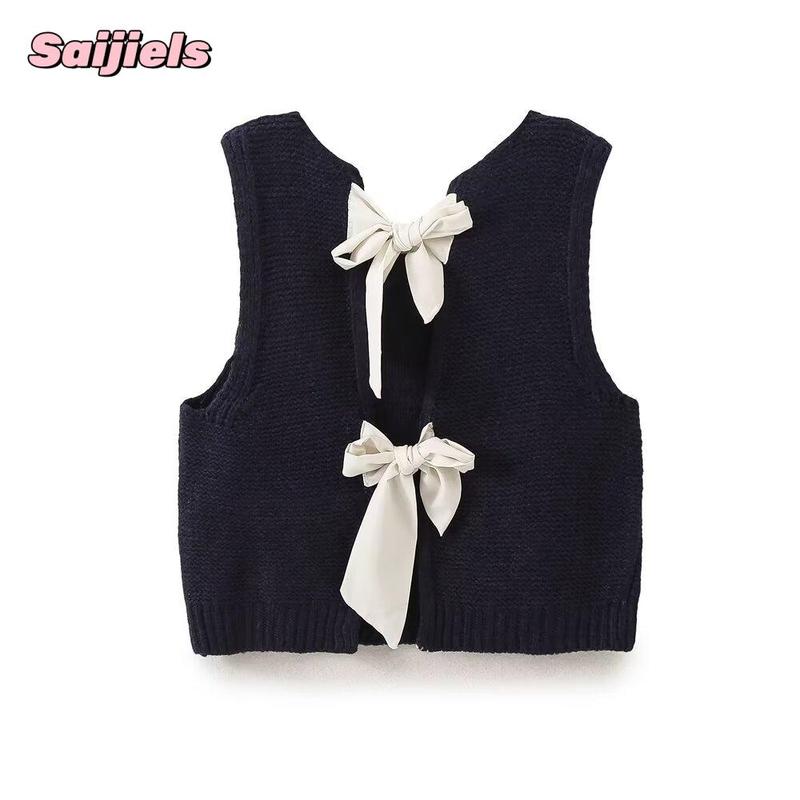 Women's Fall Knit Waistcoat Bow Tie Back Sweater VestFit Tank Tops Streetwear Cotton Womenswear Lady Comfort