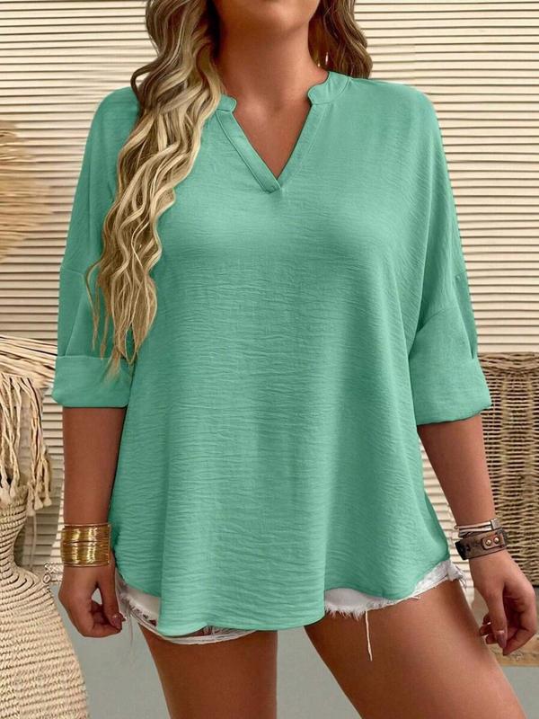  Solid Notched Neck Drop Shoulder Blouse, Casual Long Sleeve Top for Spring & Fall, Women's Clothes for Daily Wear