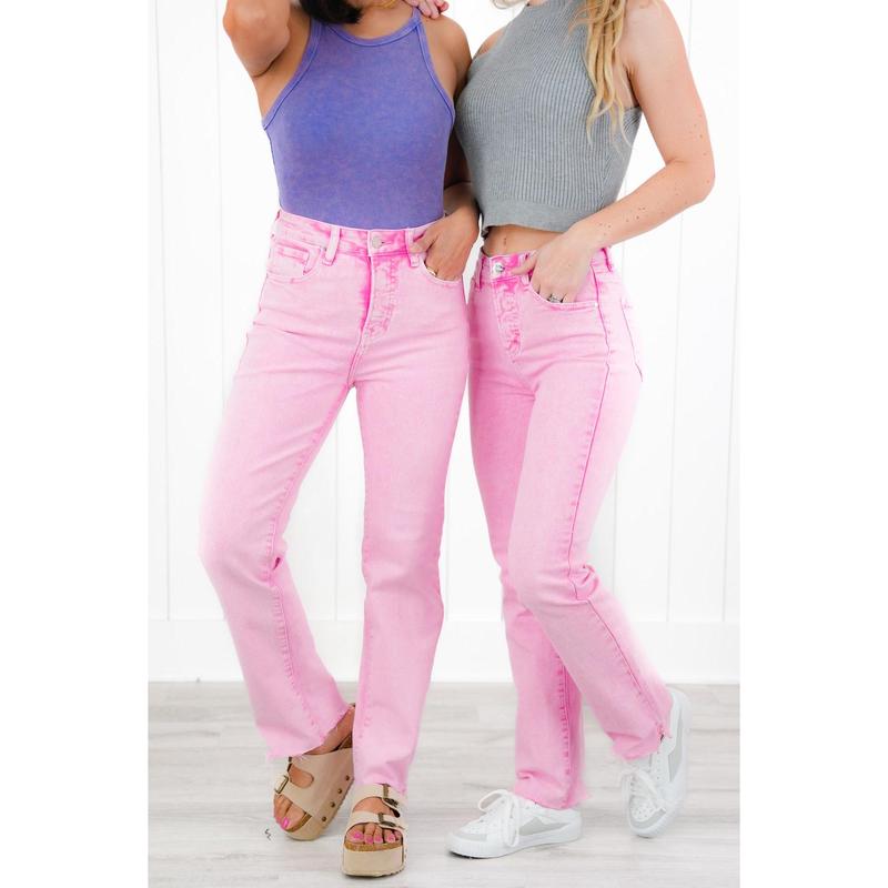 Risen Shake it Off High Rise Acid Wash Pink Tummy Control Raw Hem Straight Leg Jeans With Side Slit