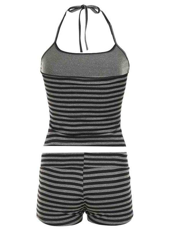 Women's Striped Print Halter Neck Top & Shorts Two-piece Set, Casual Sleeveless Top & Shorts for Summer, Ladies Clothes for Daily Wear