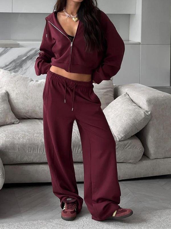 Women's Solid Zip Up Crop Hoodie & Drawstring Waist Wide Leg Pants Two-piece Set, Casual Fashion Drop Shoulder Long Sleeve Top & Pocket Trousers for Daily Outdoor Wear, Winter 2 Piece Sets, Women's Clothing for Spring & Fall