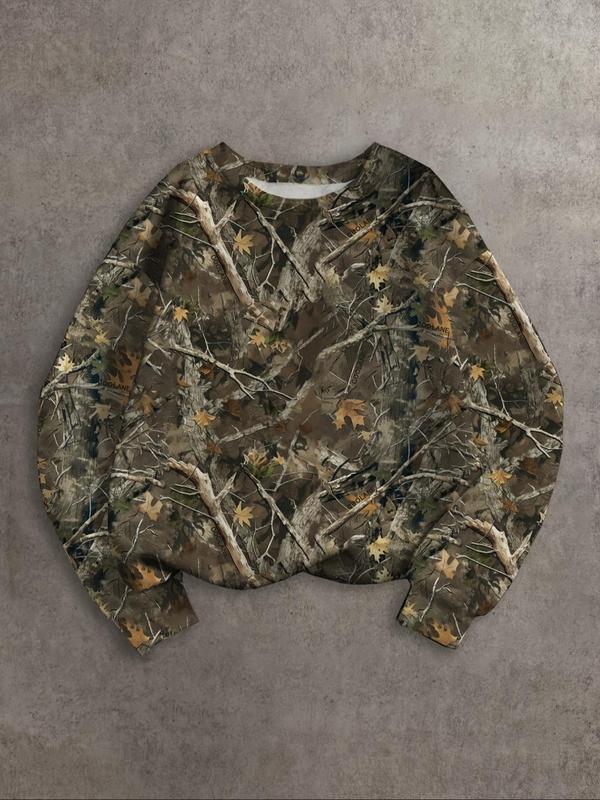 Women's Camo Print Drop Shoulder Pullover, Casual Long Sleeve Round Neck Sweatshirt for Spring & Fall, Women's Clothes for Daily Wear