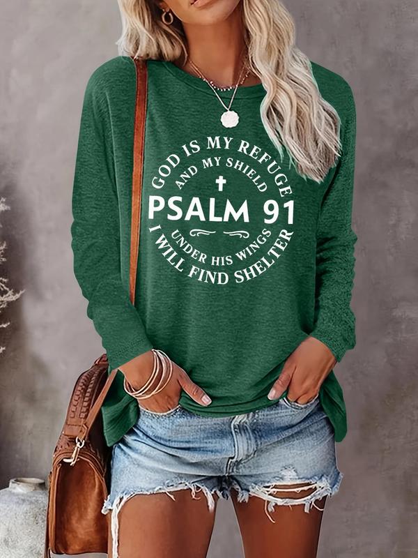 Women's Letter Print Round Neck Tee, Casual Long Sleeve Crew Neck T-shirt for Fall & Winter, Women's Top for Daily Wear