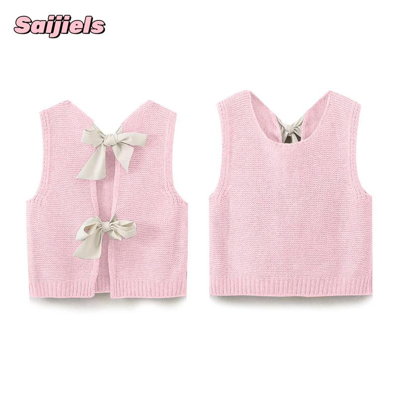 Women's Fall Knit Waistcoat Bow Tie Back Sweater VestFit Tank Tops Streetwear Cotton Womenswear Lady Comfort