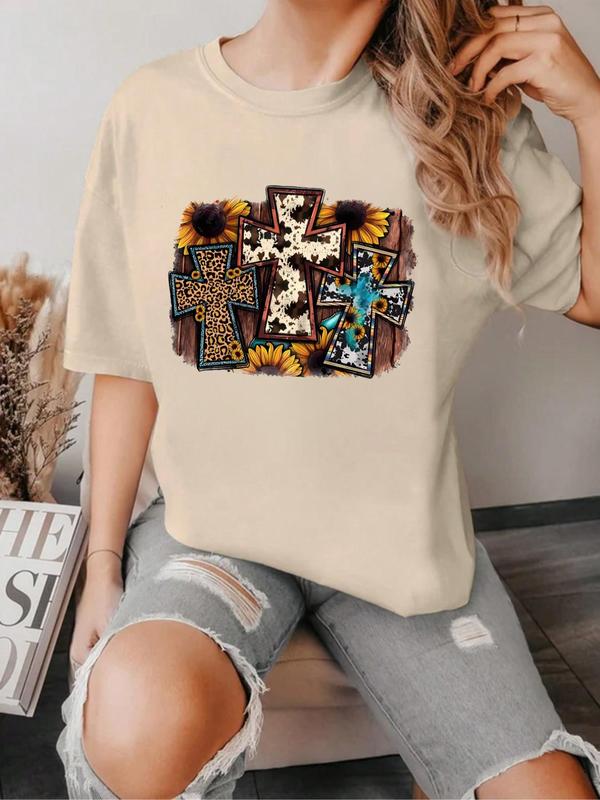 Women's Sunflower Graphic Print Round Neck Tee, Vintage Trendy Casual Short Sleeve T-shirt for Daily Wear, Graphic Tees, Ladies All Seasons Outfit